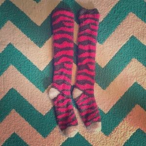 Fuzzy comfortable pink grey white knee high socks